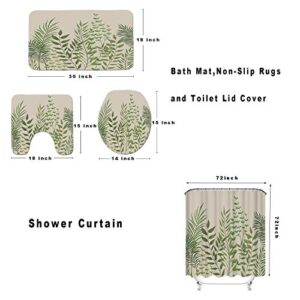 RyounoArt 4 Pcs Green Leaves Shower Curtain Set with Rugs and Accessories Vintage Plant Leaf Shower Curtain with Toilet Cover Waterproof Bathroom Curtain