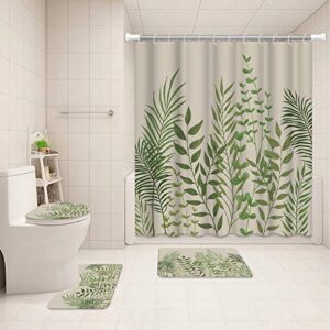 ryounoart 4 pcs green leaves shower curtain set with rugs and accessories vintage plant leaf shower curtain with toilet cover waterproof bathroom curtain