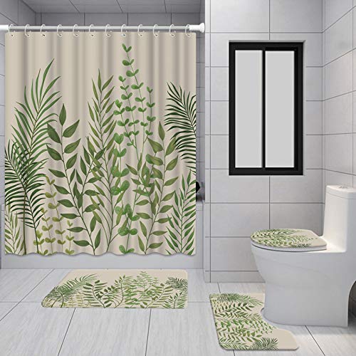 RyounoArt 4 Pcs Green Leaves Shower Curtain Set with Rugs and Accessories Vintage Plant Leaf Shower Curtain with Toilet Cover Waterproof Bathroom Curtain