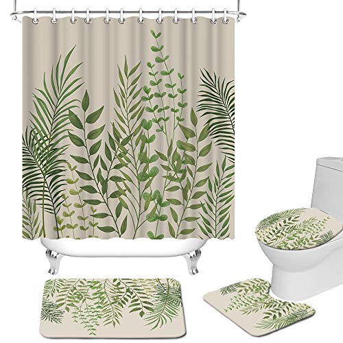 RyounoArt 4 Pcs Green Leaves Shower Curtain Set with Rugs and Accessories Vintage Plant Leaf Shower Curtain with Toilet Cover Waterproof Bathroom Curtain