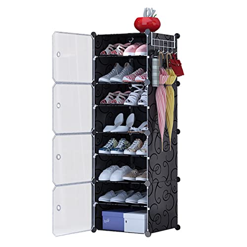 KOCASO 16-Pair Portable Shoe Rack Organizer, 8-Tiers Storage Cabinet, Stand Space-saving Shoe Organizer for Sneakers, Heels, Slippers and Boots, Black shoe cabinet with Translucent Doors