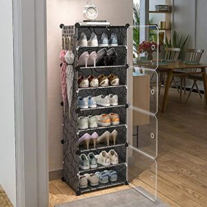 KOCASO 16-Pair Portable Shoe Rack Organizer, 8-Tiers Storage Cabinet, Stand Space-saving Shoe Organizer for Sneakers, Heels, Slippers and Boots, Black shoe cabinet with Translucent Doors