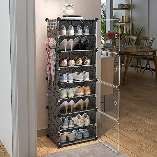 KOCASO 16-Pair Portable Shoe Rack Organizer, 8-Tiers Storage Cabinet, Stand Space-saving Shoe Organizer for Sneakers, Heels, Slippers and Boots, Black shoe cabinet with Translucent Doors