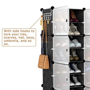 KOCASO 16-Pair Portable Shoe Rack Organizer, 8-Tiers Storage Cabinet, Stand Space-saving Shoe Organizer for Sneakers, Heels, Slippers and Boots, Black shoe cabinet with Translucent Doors