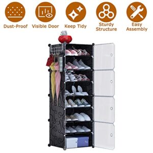 KOCASO 16-Pair Portable Shoe Rack Organizer, 8-Tiers Storage Cabinet, Stand Space-saving Shoe Organizer for Sneakers, Heels, Slippers and Boots, Black shoe cabinet with Translucent Doors