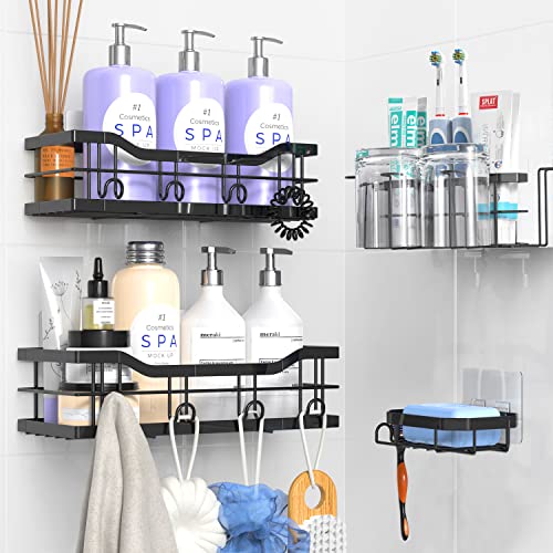 HUITEM Shower Caddy 4 Pack, Adhesive Shower Organizer Shelf with Hooks No Drilling Bathroom Shower Shelves for Inside Shower & Kitchen Storage