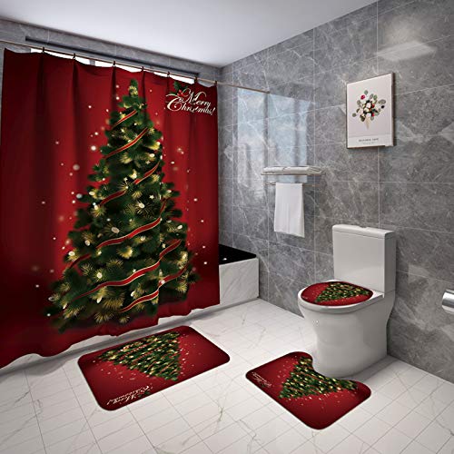 Merry Christmas Shower Curtain Sets for Bathroom 4 Pcs Xmas Shower Curtain Non-Slip Bathroom Rugs Lid Toilet Cover Bath Mat Santa Claus Christmas Tree Elk Snowman Carpet Decor (Tree A, One Size)