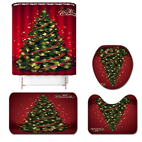 Merry Christmas Shower Curtain Sets for Bathroom 4 Pcs Xmas Shower Curtain Non-Slip Bathroom Rugs Lid Toilet Cover Bath Mat Santa Claus Christmas Tree Elk Snowman Carpet Decor (Tree A, One Size)