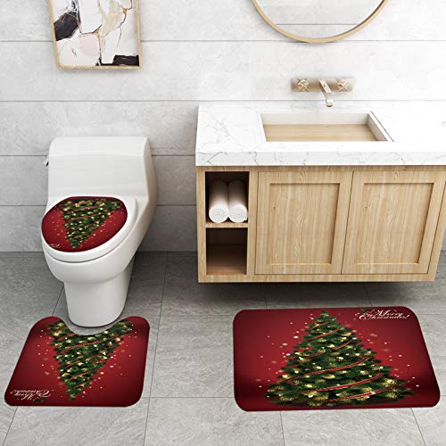 Merry Christmas Shower Curtain Sets for Bathroom 4 Pcs Xmas Shower Curtain Non-Slip Bathroom Rugs Lid Toilet Cover Bath Mat Santa Claus Christmas Tree Elk Snowman Carpet Decor (Tree A, One Size)