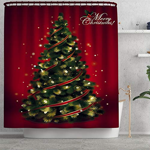 Merry Christmas Shower Curtain Sets for Bathroom 4 Pcs Xmas Shower Curtain Non-Slip Bathroom Rugs Lid Toilet Cover Bath Mat Santa Claus Christmas Tree Elk Snowman Carpet Decor (Tree A, One Size)