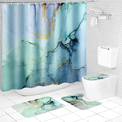 Apprekt 4Pcs Blue Marble Shower Curtain Sets with Rugs, Bathroom Curtains Shower with Non-Slip Rug，Fabric Shower Curtain Modern Bathroom Accessories Decor with Bath Mats(72 x 72 Inch)