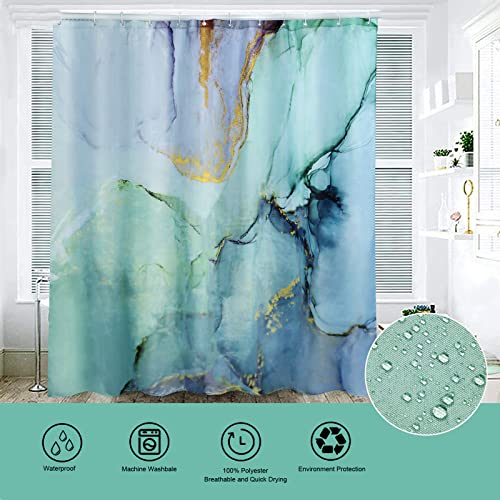 Apprekt 4Pcs Blue Marble Shower Curtain Sets with Rugs, Bathroom Curtains Shower with Non-Slip Rug，Fabric Shower Curtain Modern Bathroom Accessories Decor with Bath Mats(72 x 72 Inch)