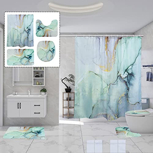 Apprekt 4Pcs Blue Marble Shower Curtain Sets with Rugs, Bathroom Curtains Shower with Non-Slip Rug，Fabric Shower Curtain Modern Bathroom Accessories Decor with Bath Mats(72 x 72 Inch)