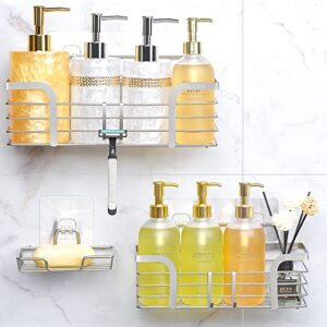 yougai shower caddy shower shelf with soap dish and 4 hooks, sus304 stainless steel shampoo holder bathroom shower organizer no drilling adhesive wall mounted storage shelves basket accessories-3 pack