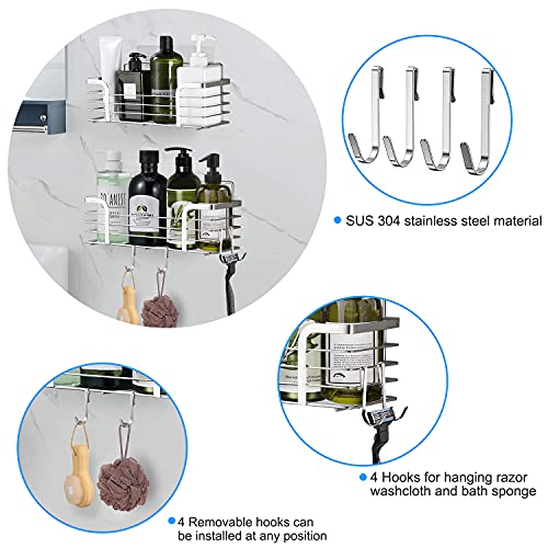 Yougai Shower Caddy Shower Shelf with Soap Dish and 4 Hooks, SUS304 Stainless Steel Shampoo Holder Bathroom Shower Organizer No Drilling Adhesive Wall Mounted Storage Shelves Basket Accessories-3 Pack