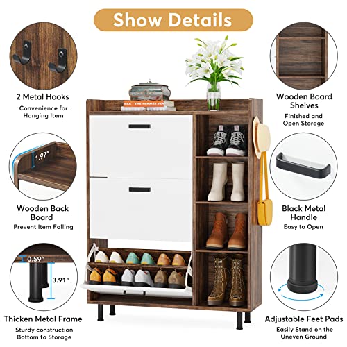 LITTLE TREE Shoe Cabinet, Freestanding Shoes Storage Cabinets with 3 Flip Drawers and Open Shelves for Entryway