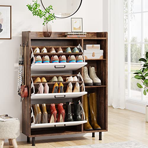 LITTLE TREE Shoe Cabinet, Freestanding Shoes Storage Cabinets with 3 Flip Drawers and Open Shelves for Entryway