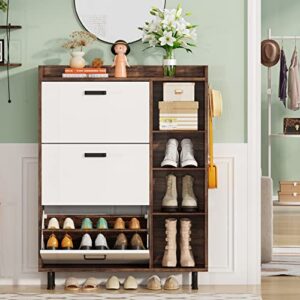 LITTLE TREE Shoe Cabinet, Freestanding Shoes Storage Cabinets with 3 Flip Drawers and Open Shelves for Entryway