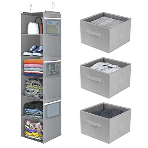 Libeder 6-Shelf Hanging Closet Organizer with Drawers, Closet Hanging Organizers and Storage Shelves with 6 Side Pockets,Collapsible Closet Hanging Shelves for Clothes, Underwear, Nursery, RV(Grey)