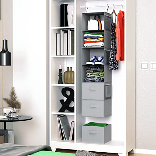 Libeder 6-Shelf Hanging Closet Organizer with Drawers, Closet Hanging Organizers and Storage Shelves with 6 Side Pockets,Collapsible Closet Hanging Shelves for Clothes, Underwear, Nursery, RV(Grey)