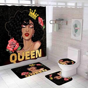 mrlyouth african american sexy women bathroom sets with shower curtain,non-slip rugs,bath mat,toilet lid cover,accessories with 12 hooks,super soft waterproof fancy afro girl bathroom decor 4 pcs