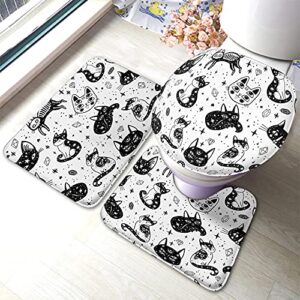 wondertify witch's cat bathroom antiskid pad halloween gothic cute kitty star moon tattoo 3 pieces bathroom rugs set, bath mat+contour+toilet lid cover black white