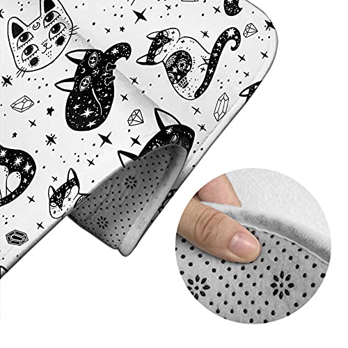 WONDERTIFY Witch's Cat Bathroom Antiskid Pad Halloween Gothic Cute Kitty Star Moon Tattoo 3 Pieces Bathroom Rugs Set, Bath Mat+Contour+Toilet Lid Cover Black White