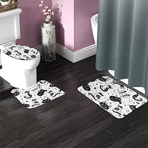 WONDERTIFY Witch's Cat Bathroom Antiskid Pad Halloween Gothic Cute Kitty Star Moon Tattoo 3 Pieces Bathroom Rugs Set, Bath Mat+Contour+Toilet Lid Cover Black White