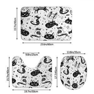 WONDERTIFY Witch's Cat Bathroom Antiskid Pad Halloween Gothic Cute Kitty Star Moon Tattoo 3 Pieces Bathroom Rugs Set, Bath Mat+Contour+Toilet Lid Cover Black White