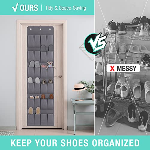 HAUSHOF Over the Door Shoe Organizer, 24 Large Pockets, Sturdy Oxford Fabric, For closet, bedroom, bathroom, storage room, men's sneakers, women's high heels, flip flops (Grey)