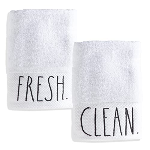 Rae Dunn Hand Towels, Embroidered Decorative Hand Towel for Kitchen and Bathroom, 100% Cotton, Highly Absorbent, Two Pack, 16x28, Embroidered Fresh/Clean