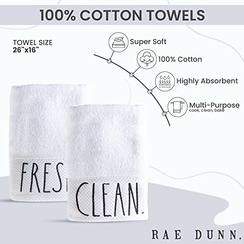 Rae Dunn Hand Towels, Embroidered Decorative Hand Towel for Kitchen and Bathroom, 100% Cotton, Highly Absorbent, Two Pack, 16x28, Embroidered Fresh/Clean