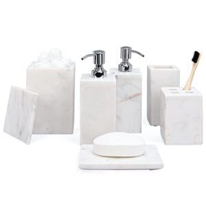 real simple bathroom accessory set | complete 6 piece bathroom decor l soap dispenser, cotton ball holder, soap dish, toothbrush holder & more (white marble)