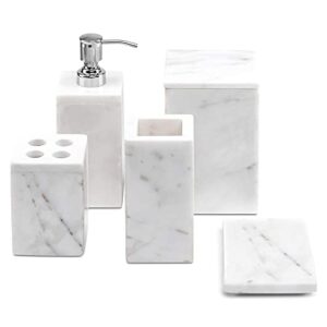 Real Simple Bathroom Accessory Set | Complete 6 Piece Bathroom Decor l Soap Dispenser, Cotton Ball Holder, Soap Dish, Toothbrush Holder & More (White Marble)