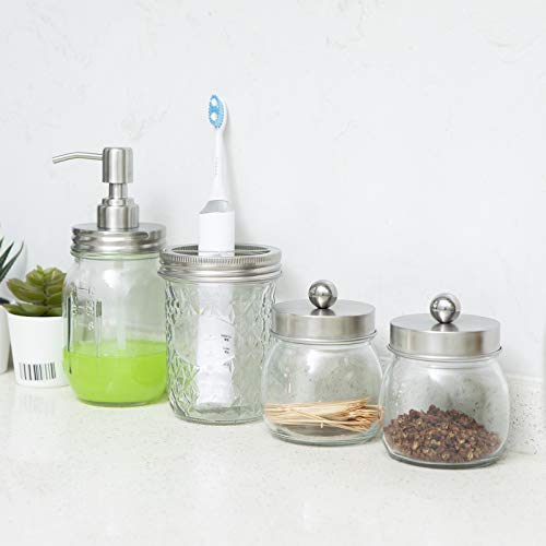 Bathroom Accessory Set 4 Pcs Glass Bathroom Decor Jar Soap Dispenser Toothbrush Holder 2 Apothecary Jars Farmhouse Decor Bathroom Home Decor Craft (Silver)