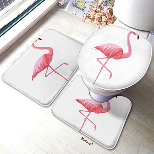 HGOD DESIGNS Flamingo Bath Mat,Summer Pink Flamingo Bathroom Mat 3 Piece Set Non-Slip Bathmat Antiskid Pad Doormat and Toilet Lid Cover Set