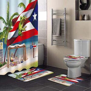 4 piece shower curtains with mat set, a frog on a puerto rican flag by the beach non slip bath mat, counter mat, lid cover bathtub curtain with hooks (including 72x72 inch curtain large rugs set)