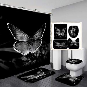 black butterfly 4pcs shower curtain sets with non-slip rugs, toilet lid cover and bath mat, durable waterproof shower curtains with 12 hooks (black butterfly)