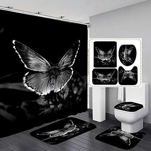 Black Butterfly 4PCS Shower Curtain Sets with Non-Slip Rugs, Toilet Lid Cover and Bath Mat, Durable Waterproof Shower Curtains with 12 Hooks (Black Butterfly)