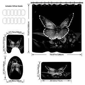 Black Butterfly 4PCS Shower Curtain Sets with Non-Slip Rugs, Toilet Lid Cover and Bath Mat, Durable Waterproof Shower Curtains with 12 Hooks (Black Butterfly)