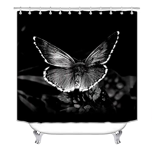 Black Butterfly 4PCS Shower Curtain Sets with Non-Slip Rugs, Toilet Lid Cover and Bath Mat, Durable Waterproof Shower Curtains with 12 Hooks (Black Butterfly)