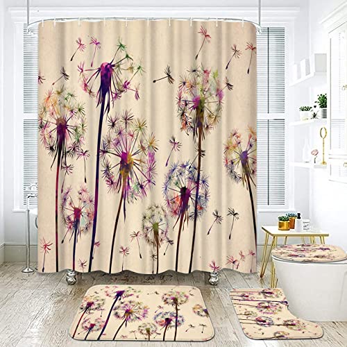 4 Pcs Flowers Shower Curtain Sets with Non-Slip Rugs Toilet Lid Cover and Bath Mat Colorful Dandelion Flowers Waterproof Fabric Curtain with 12 Hooks Vintage Bedroom Decorations Accessories