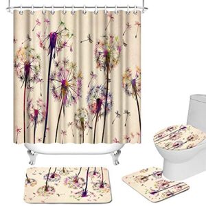 4 Pcs Flowers Shower Curtain Sets with Non-Slip Rugs Toilet Lid Cover and Bath Mat Colorful Dandelion Flowers Waterproof Fabric Curtain with 12 Hooks Vintage Bedroom Decorations Accessories