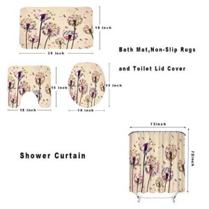 4 Pcs Flowers Shower Curtain Sets with Non-Slip Rugs Toilet Lid Cover and Bath Mat Colorful Dandelion Flowers Waterproof Fabric Curtain with 12 Hooks Vintage Bedroom Decorations Accessories