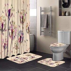 4 Pcs Flowers Shower Curtain Sets with Non-Slip Rugs Toilet Lid Cover and Bath Mat Colorful Dandelion Flowers Waterproof Fabric Curtain with 12 Hooks Vintage Bedroom Decorations Accessories