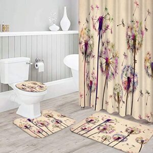 4 Pcs Flowers Shower Curtain Sets with Non-Slip Rugs Toilet Lid Cover and Bath Mat Colorful Dandelion Flowers Waterproof Fabric Curtain with 12 Hooks Vintage Bedroom Decorations Accessories