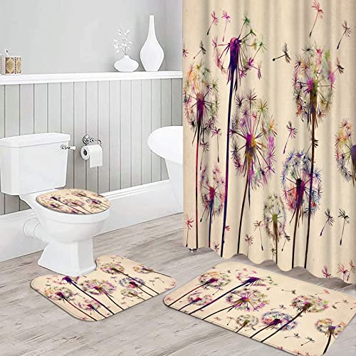 4 Pcs Flowers Shower Curtain Sets with Non-Slip Rugs Toilet Lid Cover and Bath Mat Colorful Dandelion Flowers Waterproof Fabric Curtain with 12 Hooks Vintage Bedroom Decorations Accessories