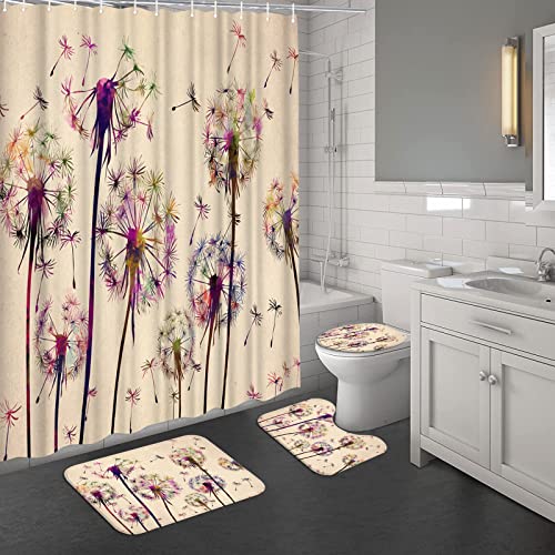 4 Pcs Flowers Shower Curtain Sets with Non-Slip Rugs Toilet Lid Cover and Bath Mat Colorful Dandelion Flowers Waterproof Fabric Curtain with 12 Hooks Vintage Bedroom Decorations Accessories