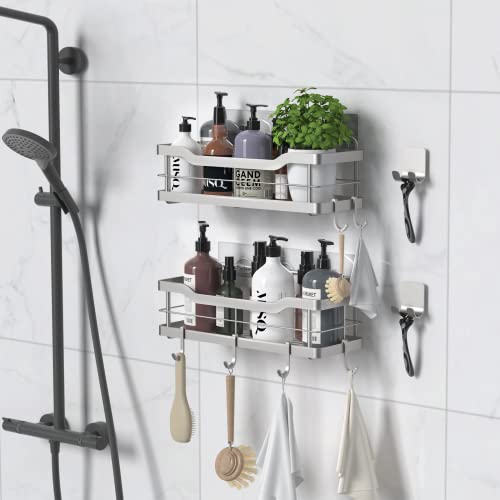 Carwiner Shower Caddy Bathroom Shelf 2-Pack, Basket with 8 Hooks for Hanging Shampoo Conditioner, SUS304 Stainless Steel Rack Wall Mounted Storage Organizer for Kitchen, No Drilling (Silver)