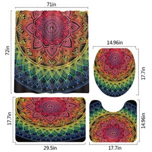 4 Pcs Mandala Flowers Shower Curtain Set, Ombre Colorful Floral Bathroom Sets with Shower Curtain and Rugs, 72" Shower Curtain and Bath Mat, Toilet Lid Cover and U Shaped Rug, 12 Hooks, SETLSSD260